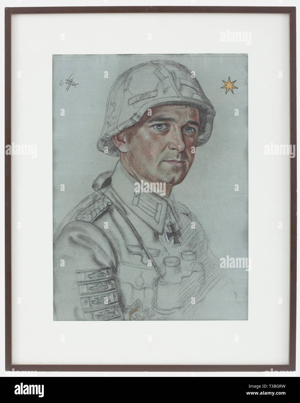 Wolfgang Willrich (1897-1948), einer Kohlezeichnung der Träger des Ritterkreuz Major Erich Löffler Kohle auf Papier, ein Porträt von Löffler im Utility einheitliche und Helm mit Camouflage abdecken, angewandte Knight's Cross, Deutschen Kreuz in Gold und vier Tank destroyer Patches auf dem rechten Oberarm. Das Gesicht in der Farbe gezeichnet, die Gold Star des 9 Infanterie Division auf der rechten oberen, das Autogramm' E. Löffler' auf der oberen linken Seite. Unsigned, montiert, gerahmt und unter Glas. Frame Ca. 54 x 68 cm. Kleine Kurven auf der Kante. Erich Lö, Artist's Copyright hat nicht nur gelöscht werden | Editorial-Use - Stockfoto