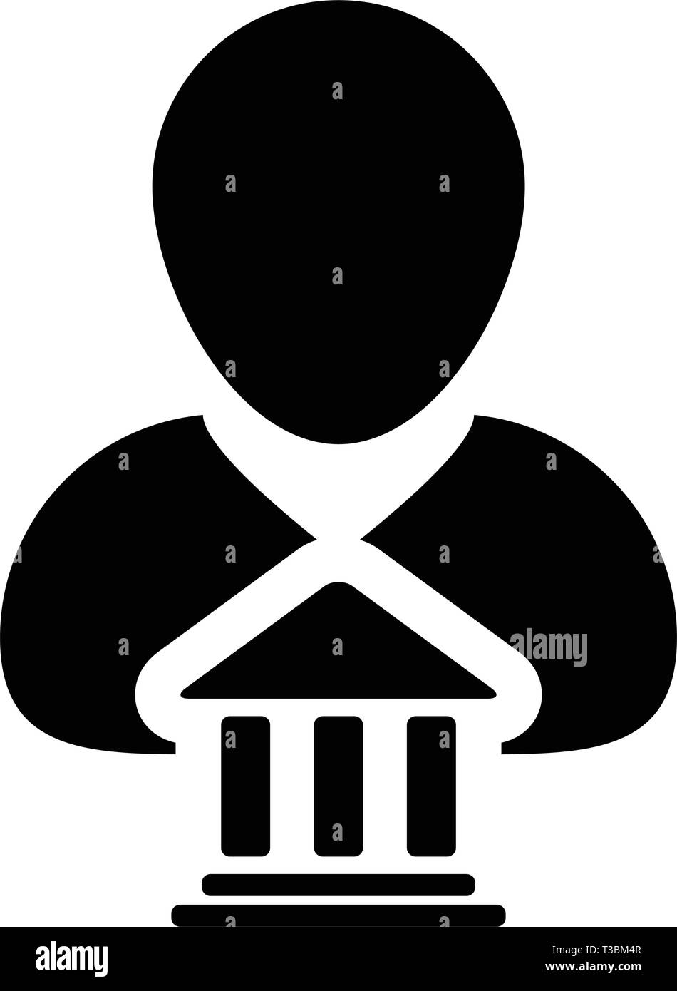 Gerichtsgebäude das Symbol Vektor mit männliche Person Profil Avatar mit Gebäude Symbol für Recht und Gerechtigkeit in Glyph Piktogramm Abbildung Stock Vektor