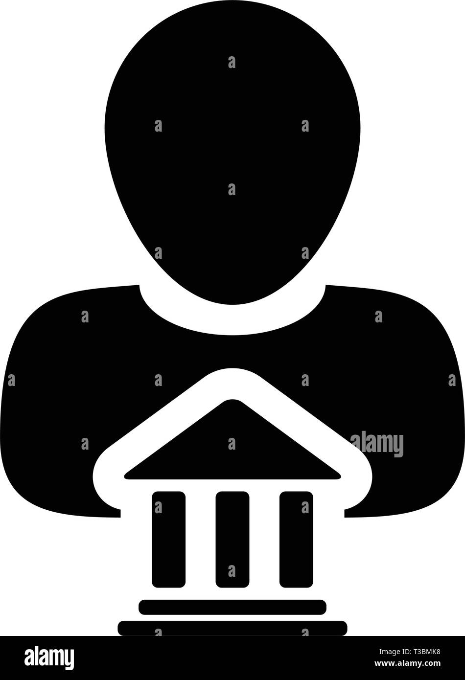 Rechtliche Symbol Vektor mit männliche Person Profil Avatar mit Gebäude Symbol für Recht und Gerechtigkeit in Glyph Piktogramm Abbildung Stock Vektor