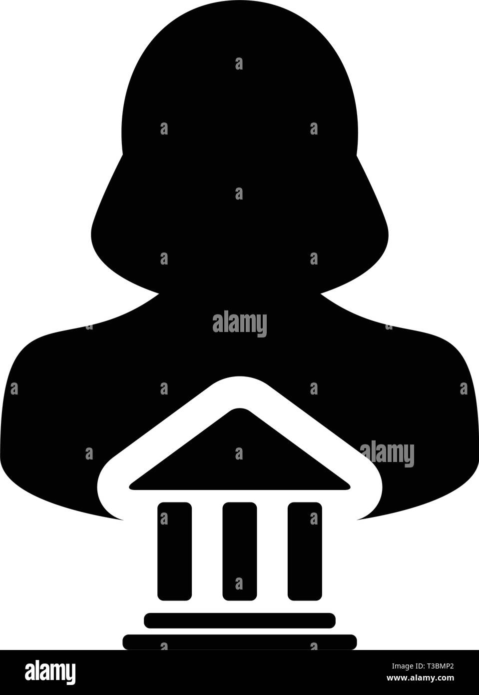 Finanzen Symbol Vektor mit weiblichen Person Profil Avatar mit Gebäude Symbol für Geld und Finanzen in der glyphe Piktogramm Abbildung Stock Vektor