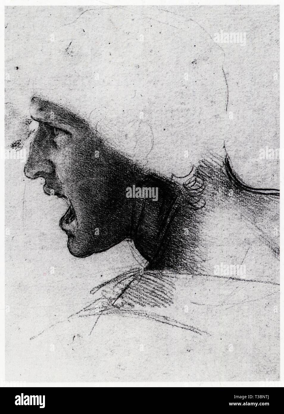 LEONARDO DA VINCI. STUDIUM EINES GESICHTS EINES KRIEGERS IN DER SCHLACHT VON ANGHIARI. 1503. ROTE KREIDE. 227 MM X 186 MM Stockfoto