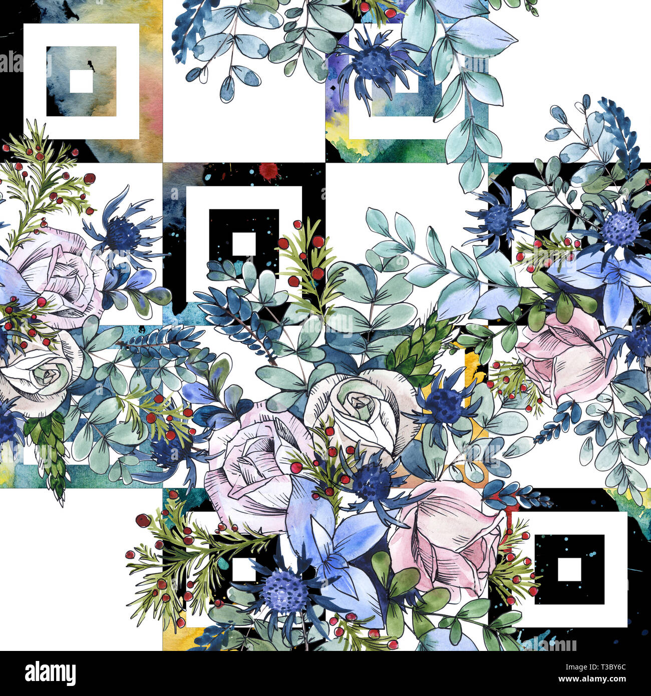 Wildblumen bouquet Blumig botanischen Blumen. Aquarell Hintergrund Abbildung. Nahtlose Muster. Stockfoto