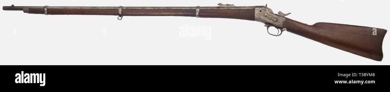 Eine amerikanische Remington Rolling Block Gewehr, Kaliber 50/70. Narbig und schmutzig, mit einem Stempel "Remington & Söhne Ilion N.Y. patent Dez. 8.1863 nov. 15.1864 14.01.3.1865', Seriennummer unleserlich. Lager verwendet, keine Schlinge oder Reinigungsstab, eine Schraube fehlt. Geben Sie bitte Ihre Nationale Einfuhrbestimmungen für Feuerwaffen prüfen. historischen, historische, 19. Jahrhundert, Pistole, Gewehre, Feuerwaffen, Feuer arm, Schusswaffen, Waffen, Waffen, Waffen, Waffen, arm, die Bekämpfung von Geräte-, Objekt, Objekte, Stills, Clipping, Clippings, Ausschneiden, Ausschneiden, Ausschnitten, Militär, Militaria, Ausrüstung, Additional-Rights - Clearance-Info - Not-Available Stockfoto