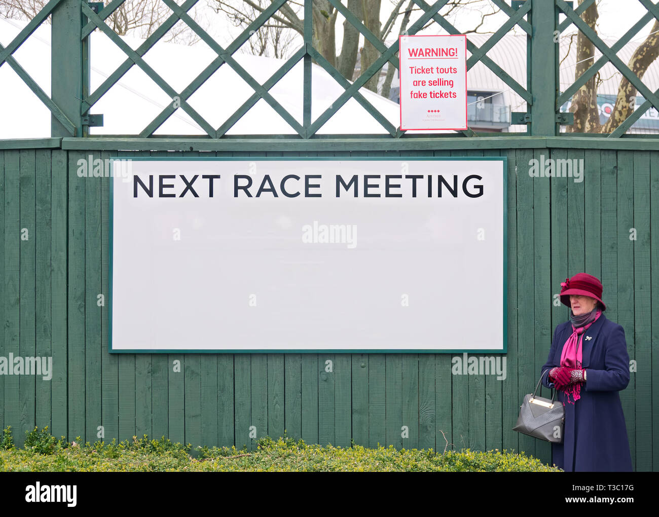 Elegante ältere Frau neben einem leeren nächste Rennen treffen Anmelden Stockfoto