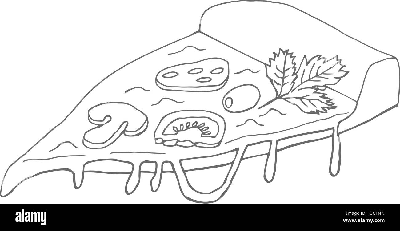 Ein Stück von Hand - appetitliche Pizza gezeichnet. Doodle vector Abbildung: Pizza für die Gestaltung von Café, Restaurant, Menü. Verpackung Ideen, Werbung, etc. Stock Vektor