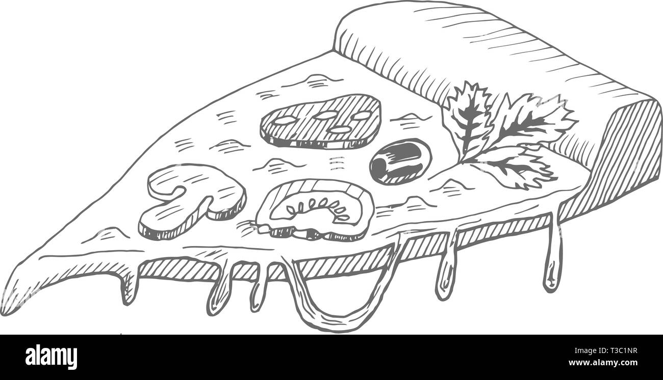 Ein Stück von Hand - appetitliche Pizza gezeichnet. Doodle vector Abbildung: Pizza für die Gestaltung von Café, Restaurant, Menü. Verpackung Ideen, Werbung, etc. Stock Vektor