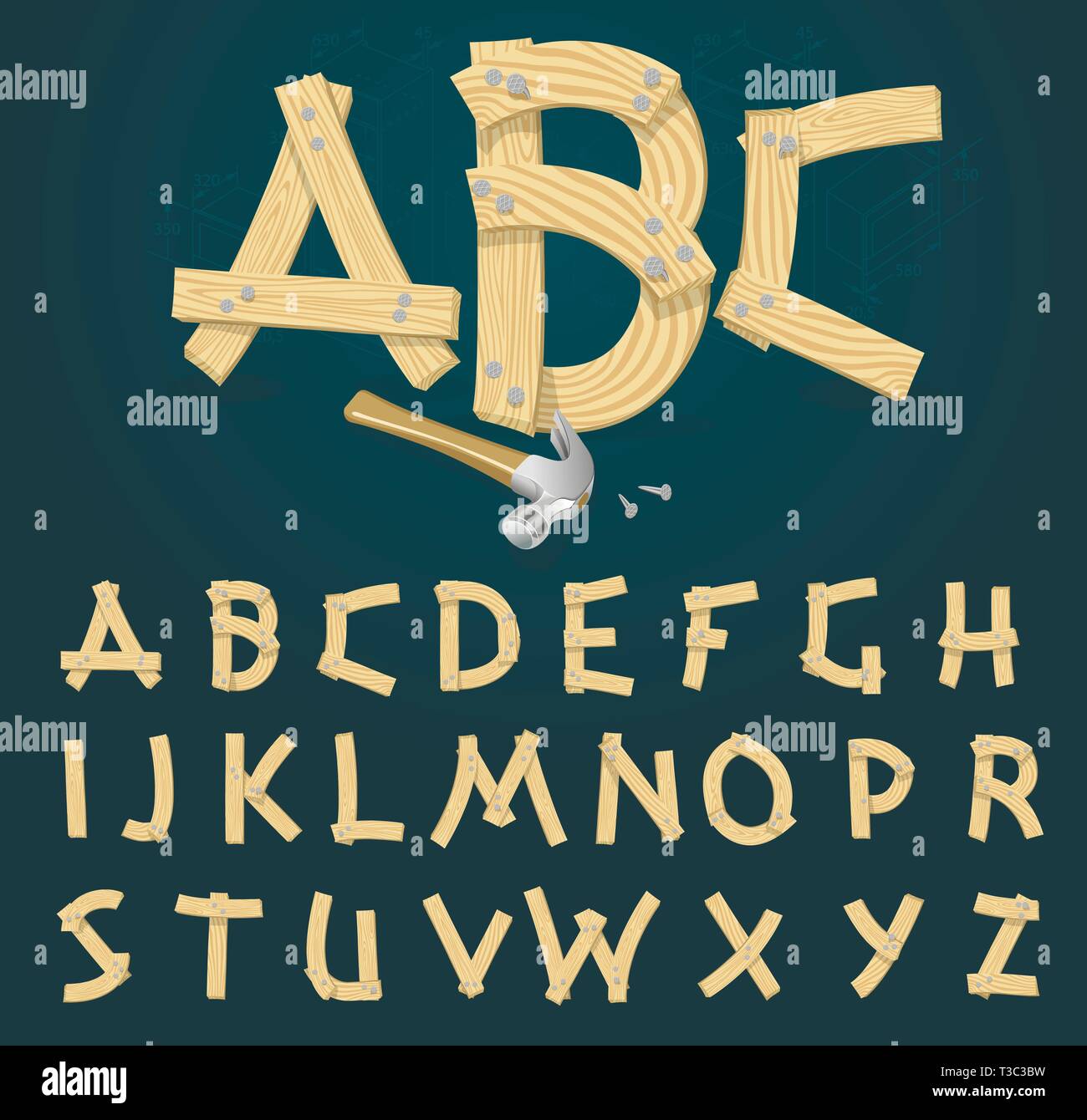 Stylized vector Font aus Holzbohlen mit Eisen Nägel gehämmert wurden. Stock Vektor