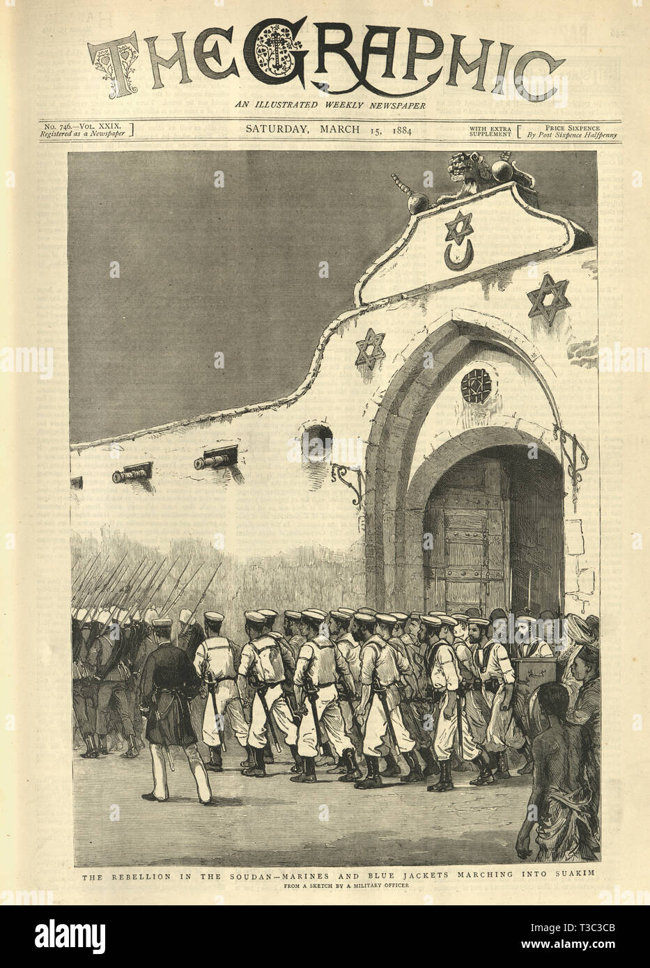 Startseite og der Grafik Illustrierten Zeitung für den 15. März, 1884. Mahdist Krieg, Marines und blauen Jacken Marching In Suakin, Sudan Stockfoto