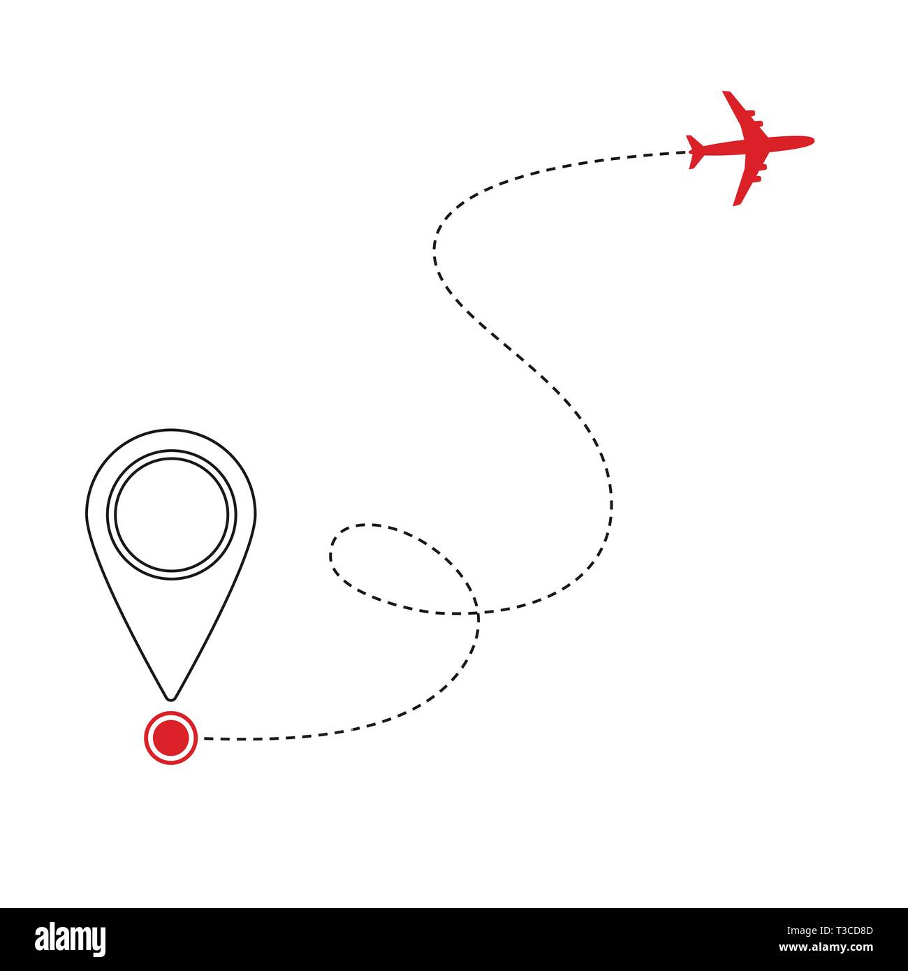 Rot fliegenden Flugzeug und Markierung von Geolocation auf weißem Hintergrund. Vektor Stock Vektor