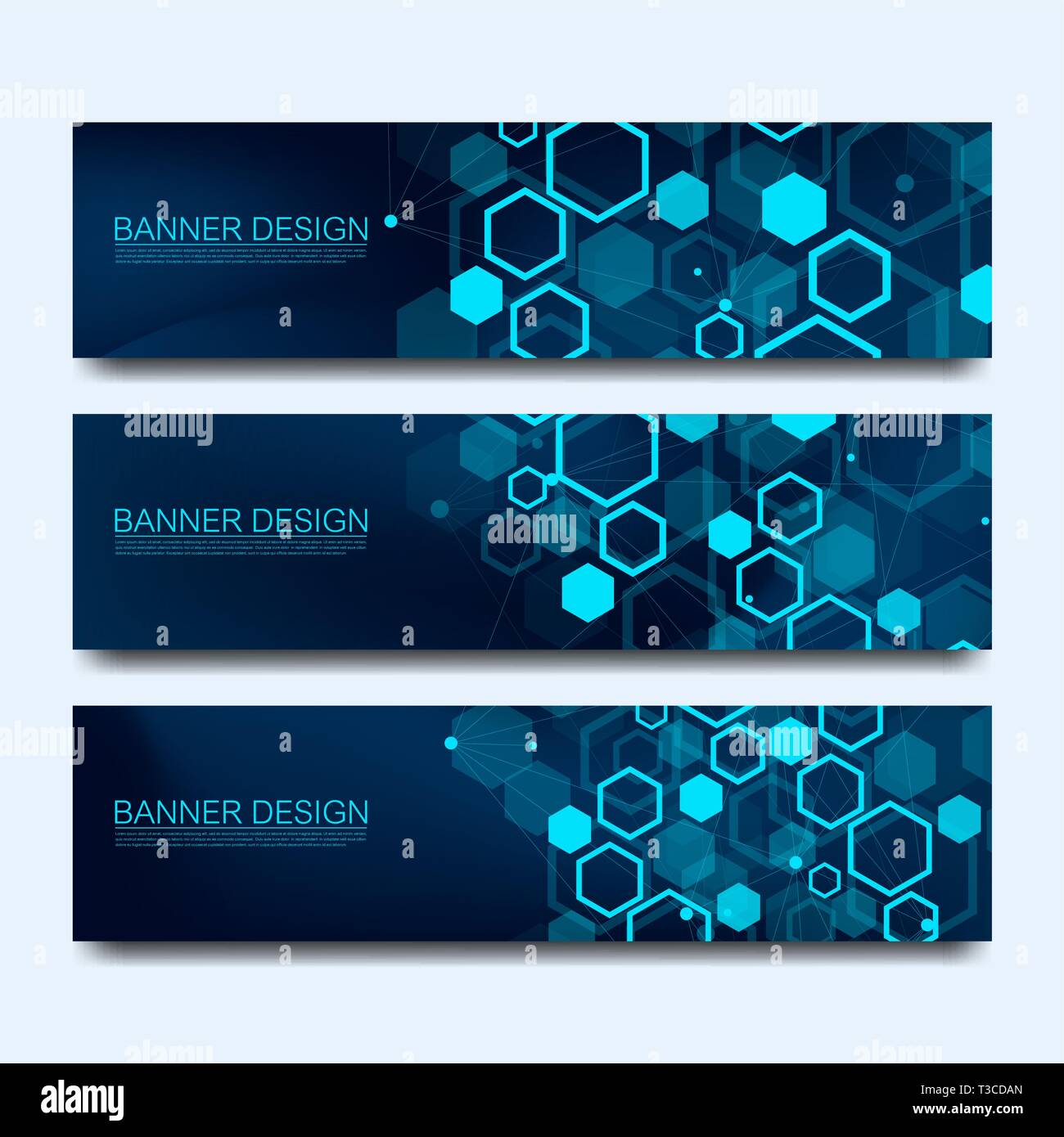 Abstrakte Moleküle Banner mit Linien, Punkte, Kreise, Polygone. Vektor Design Netzwerk kommunikation Hintergrund. Futuristische digitale Wissenschaft Stock Vektor
