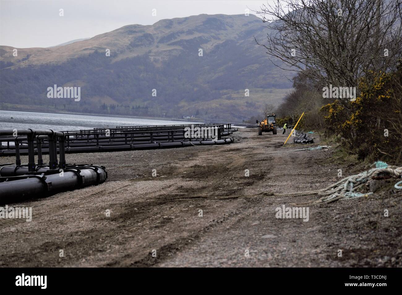 Bau von Fusion Marine, HDPE, Floating, Lachs Fisch pen Käfige an den Ufern des Loch Creran. Stockfoto