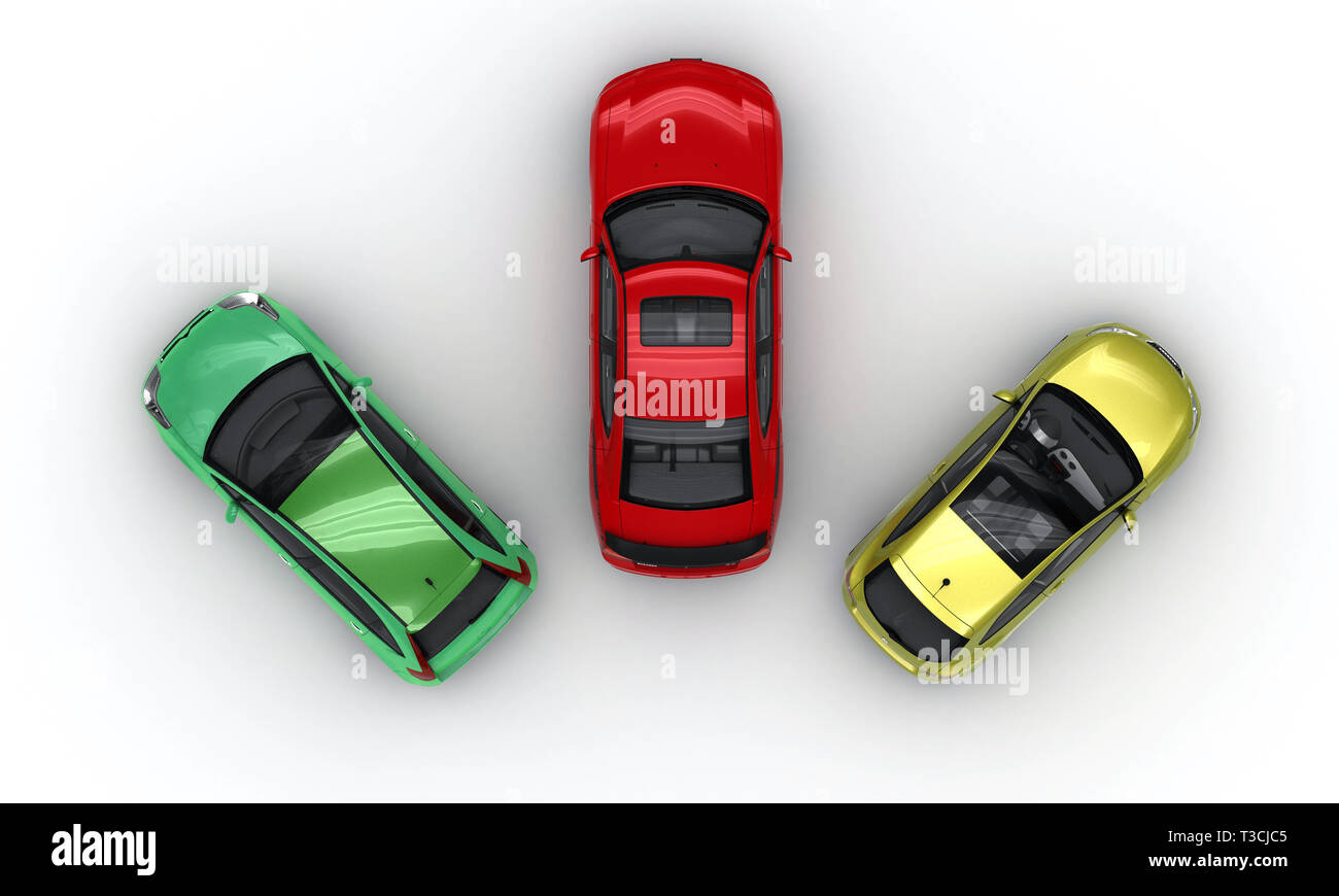 Drei farbige Autos top Aussicht auf einem weißen Hintergrund. 3D-Rendering Stockfoto