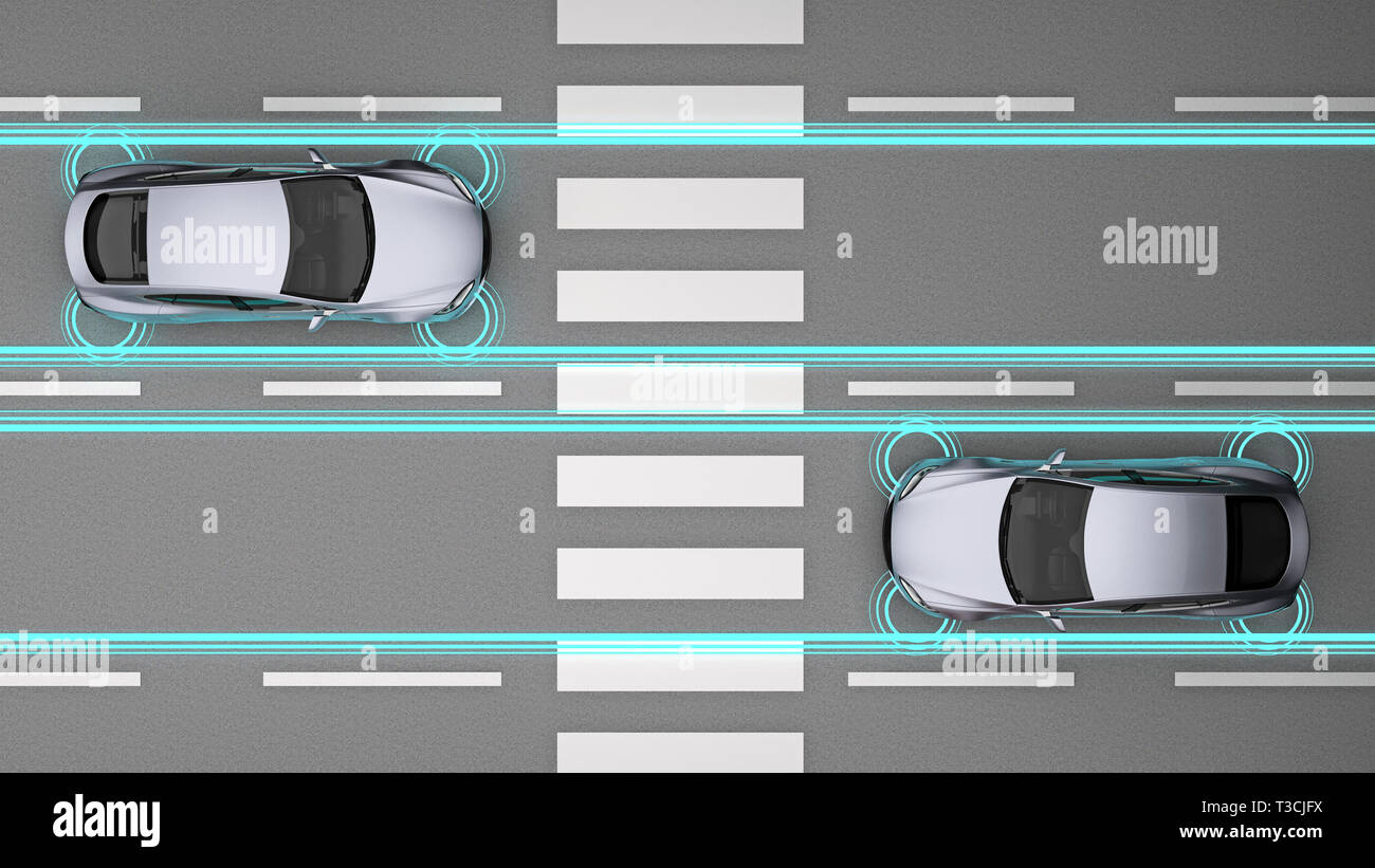 Autos mit Sensoren vor dem Fußgängerüberweg Ansicht von oben. 3D-Rendering Stockfoto