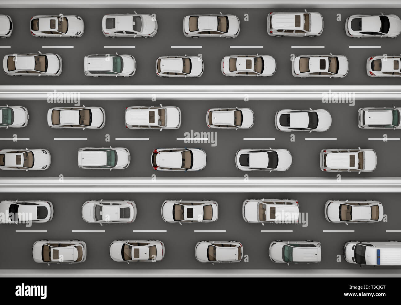 Reihe von Straßen mit weißen Autos Ansicht von oben gefüllt. 3D-Rendering Stockfoto