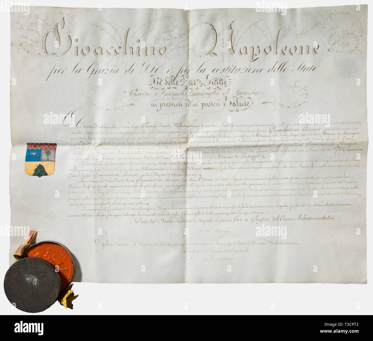 General Graf Jean-Baptiste de Larroque (1768 - 1821), ein Patent des Adels,  Neapel, 3. Juni 1813 Veredelung zu Grafschaft durch das Königreich von  Neapel, vom 3. Juni 1813. Large Format Pergament Zertifikat