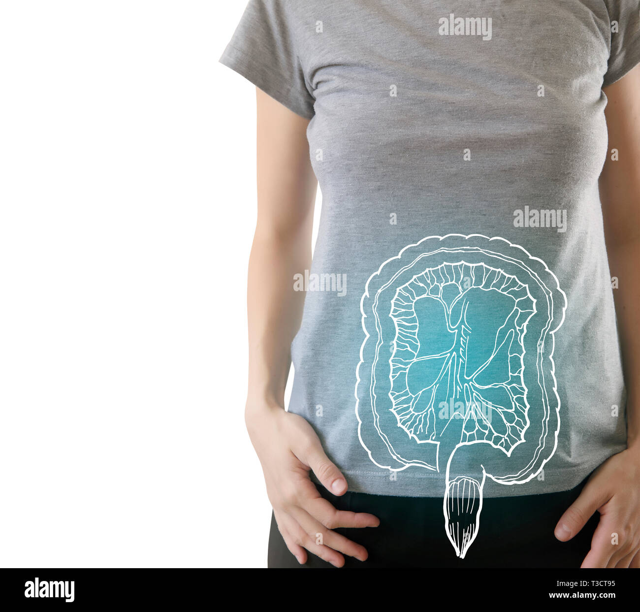 Digital composite der blau markierte gesunder Darm der Frau/Gesundheit & Medizin Konzept Stockfoto