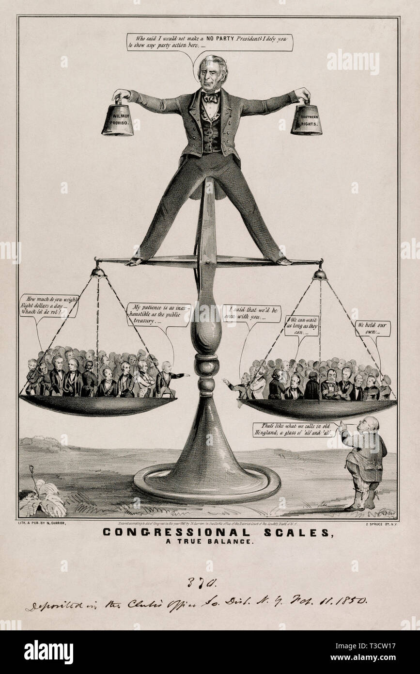Kongress Skalen, ein wahres Gleichgewicht, Satire auf US-Präsident Zachary Taylor versucht, Balance südlichen und nördlichen Interessen in der Frage der Sklaverei, Lithographie, Nathaniel Currier, 1850 Stockfoto