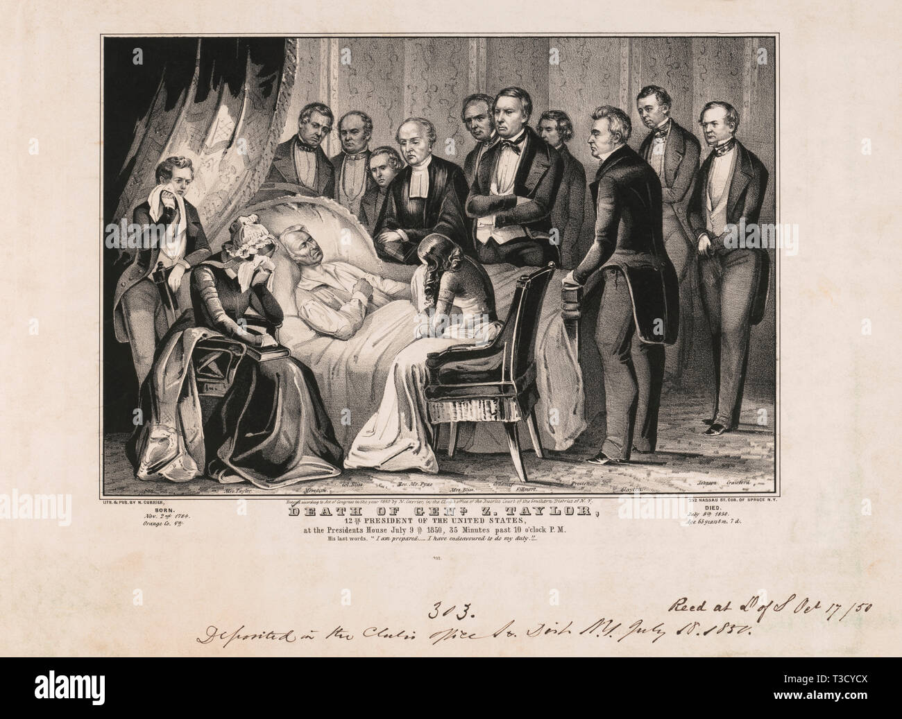 Tod von General Z Taylor, 12. Präsident der Vereinigten Staaten, an den Präsidenten Haus, Juli 9th, 1850, 35 Minuten nach 10 Uhr, Lithographie, Nathaniel Currier, 1850 Stockfoto
