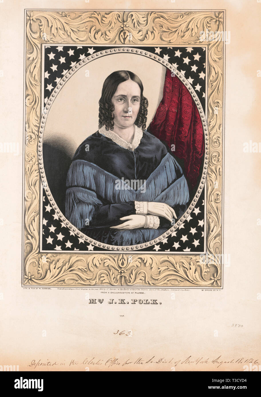 Frau J.K. Polk, Lithographie von Nathaniel Currier von einer Daguerreotypie von Plumbe, 1846 Stockfoto