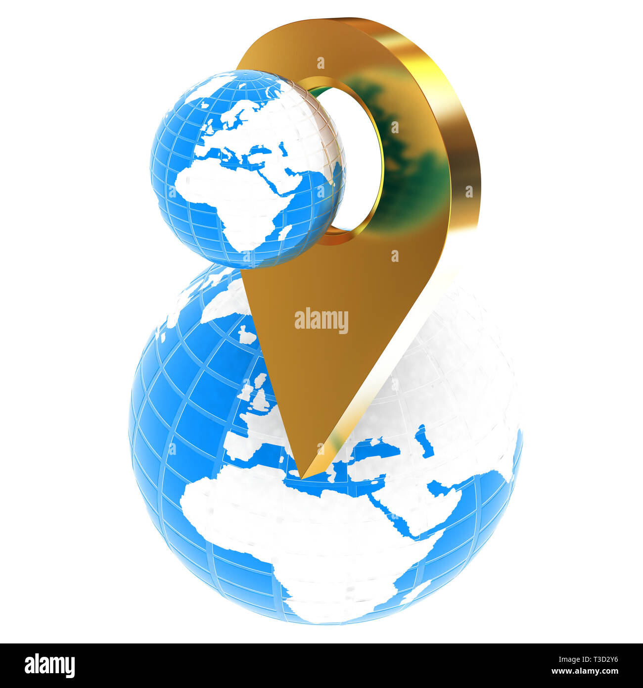 Planet Erde und goldene Karte pins Symbol auf der Erde. 3D-Darstellung. Stockfoto