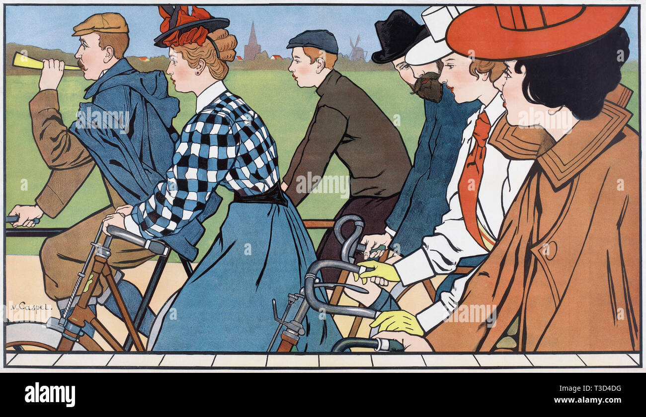Radfahrer. Nach einer Arbeit entstanden ca. 1912 für Hamers Fahrräder vom niederländischen Künstler Johann Georg van Caspel, 1870 - 1928. Stockfoto