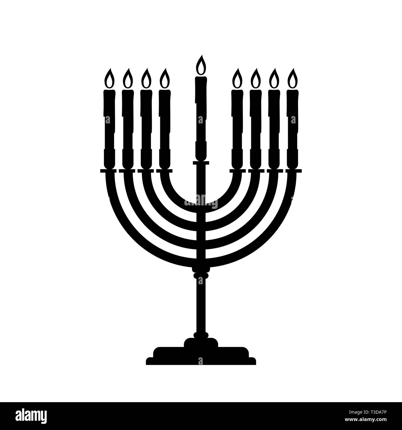 Schwarz Menorah mit brennenden Kerzen auf dem weißen Hintergrund. Die Abbildung für den Urlaub von Hanukkah. Das Konzept ist Religion Symbol. Stock Vektor