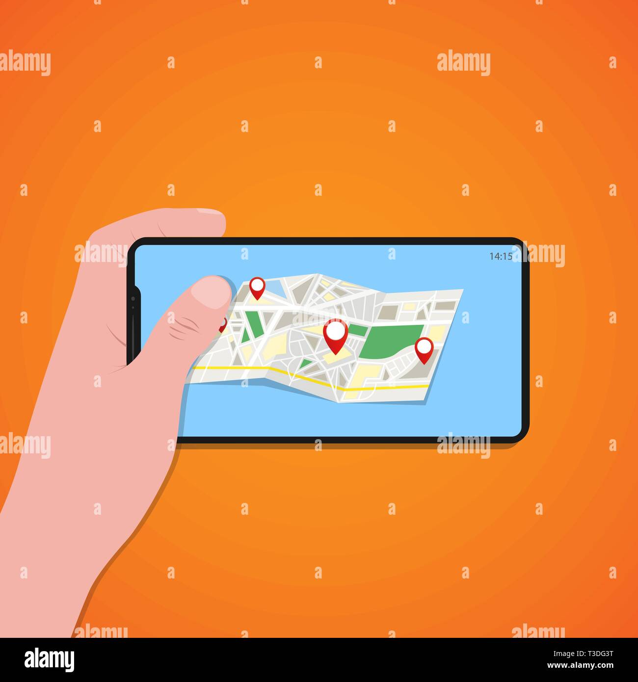 Finger der Bildschirm des Smartphones mit Lageplan, orange Hintergrund, Vektor, Abbildung, eps-Datei Stock Vektor