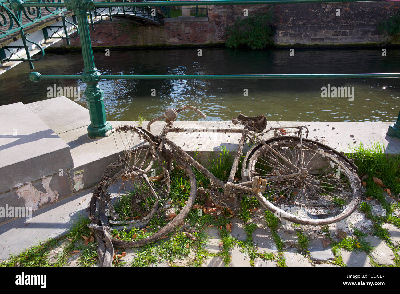Rostiges Fahrrad, vom Fluss ausgebaggert, Gent, Belgien Stockfoto