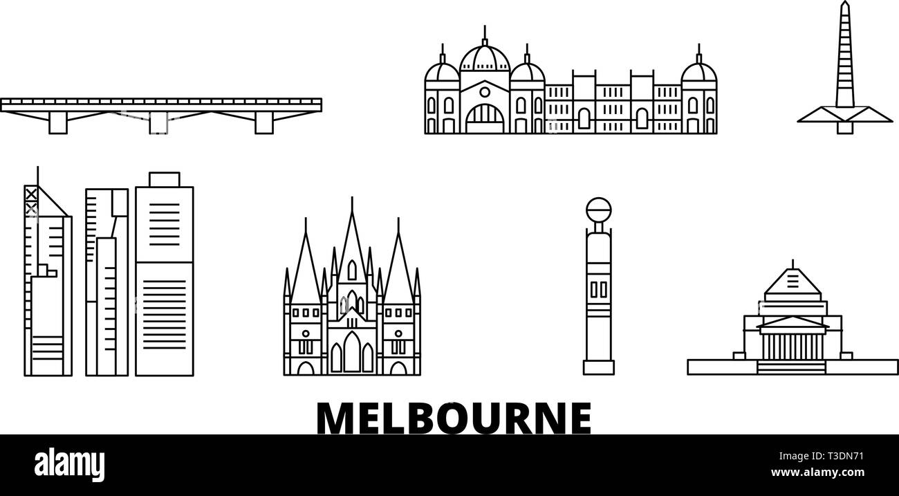 Australien, Melbourne line Reisen Skyline. Australien, Melbourne Überblick Stadt Vektor-illustration, Symbol, Reisen, Sehenswürdigkeiten, Wahrzeichen. Stock Vektor