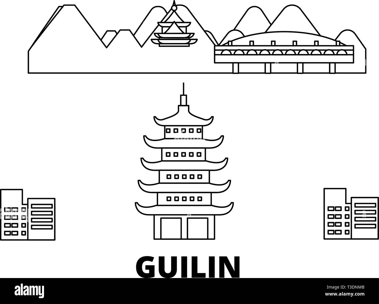 China Guilin line Reisen Skyline. China Guilin Überblick Stadt Vektor-illustration, Symbol, Reisen, Sehenswürdigkeiten, Wahrzeichen. Stock Vektor