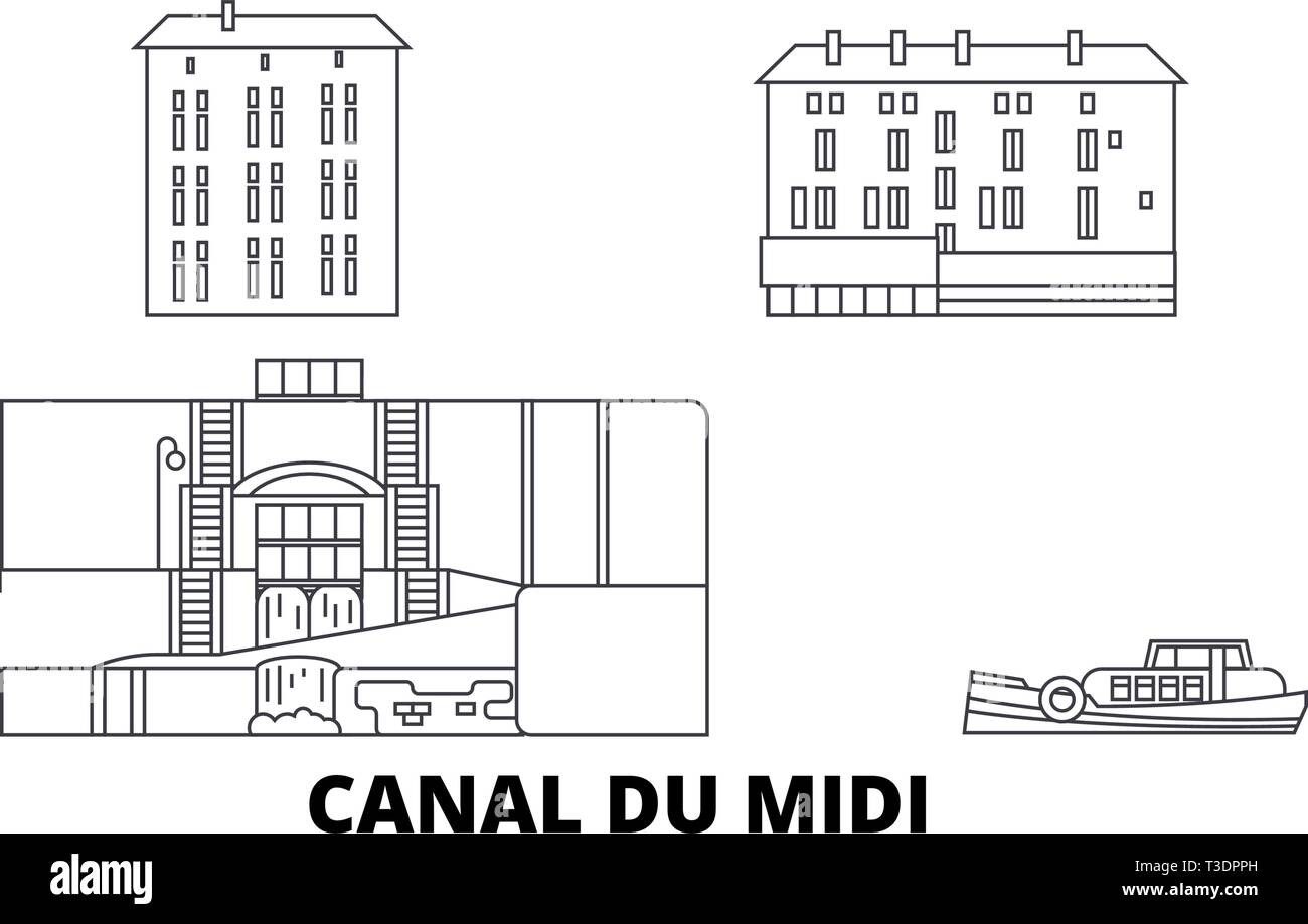 Frankreich, Canal du Midi line Reisen Skyline. Frankreich, Canal du Midi-übersicht Stadt Vektor-illustration, Symbol, Reisen, Sehenswürdigkeiten, Wahrzeichen. Stock Vektor