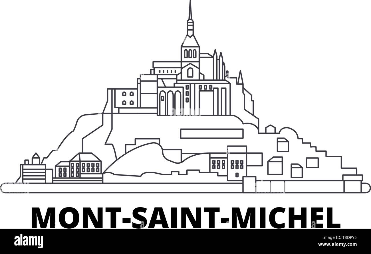 Frankreich, Mont Saint Michel und seine Bucht line Reisen Skyline. Frankreich, Mont Saint Michel und seine Bucht skizzieren Stadt Vektor-illustration, Symbol, Reisen Stock Vektor