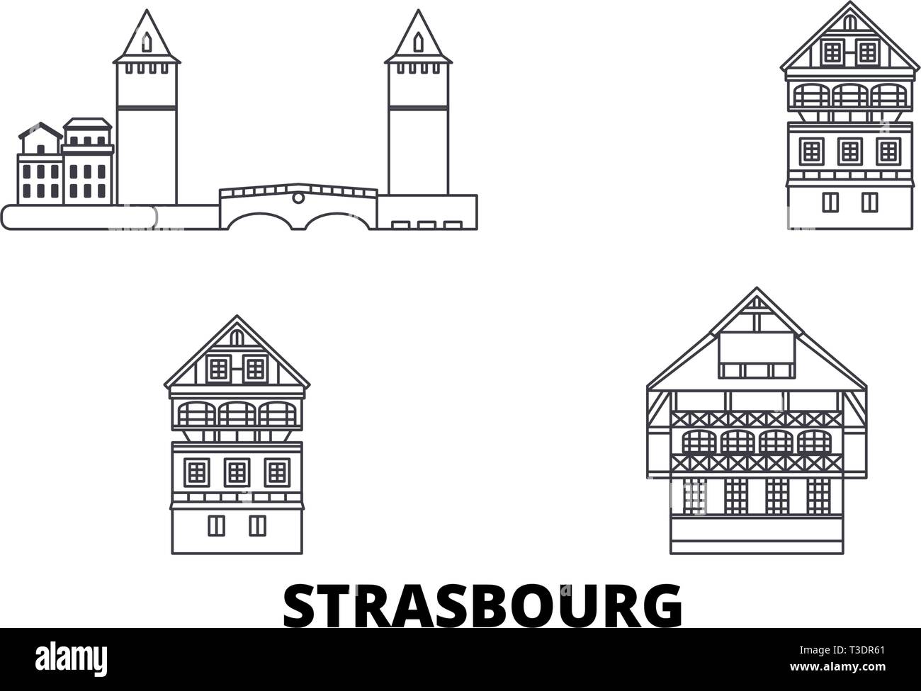 Frankreich, Straßburg City Line reisen Skyline. Frankreich, die Stadt Straßburg Überblick Stadt Vektor-illustration, Symbol, Reisen, Sehenswürdigkeiten, Wahrzeichen. Stock Vektor