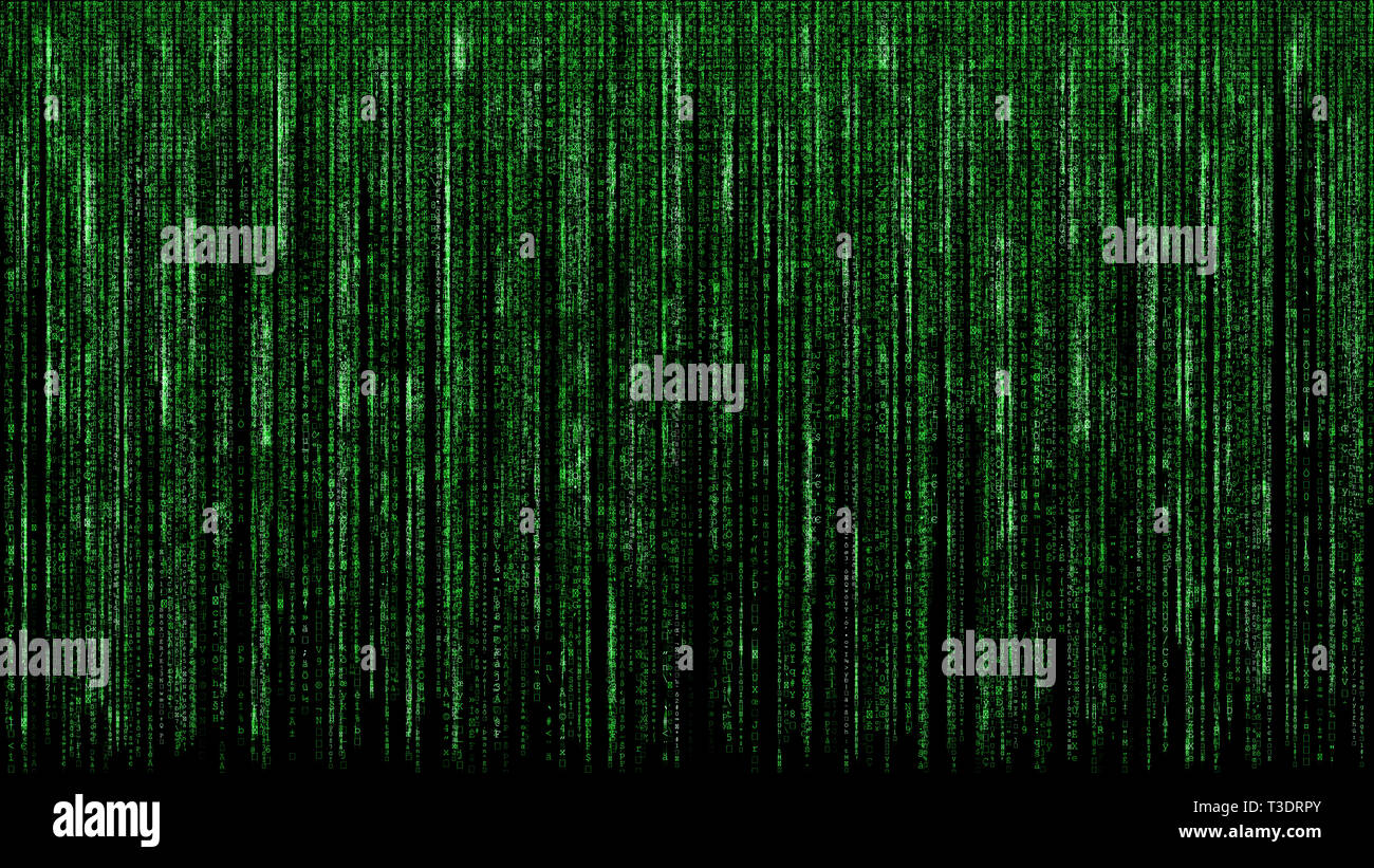 Grüne binäre Matrix Code abstract computer Hacker digital network Konzept schwarzer Hintergrund Stockfoto