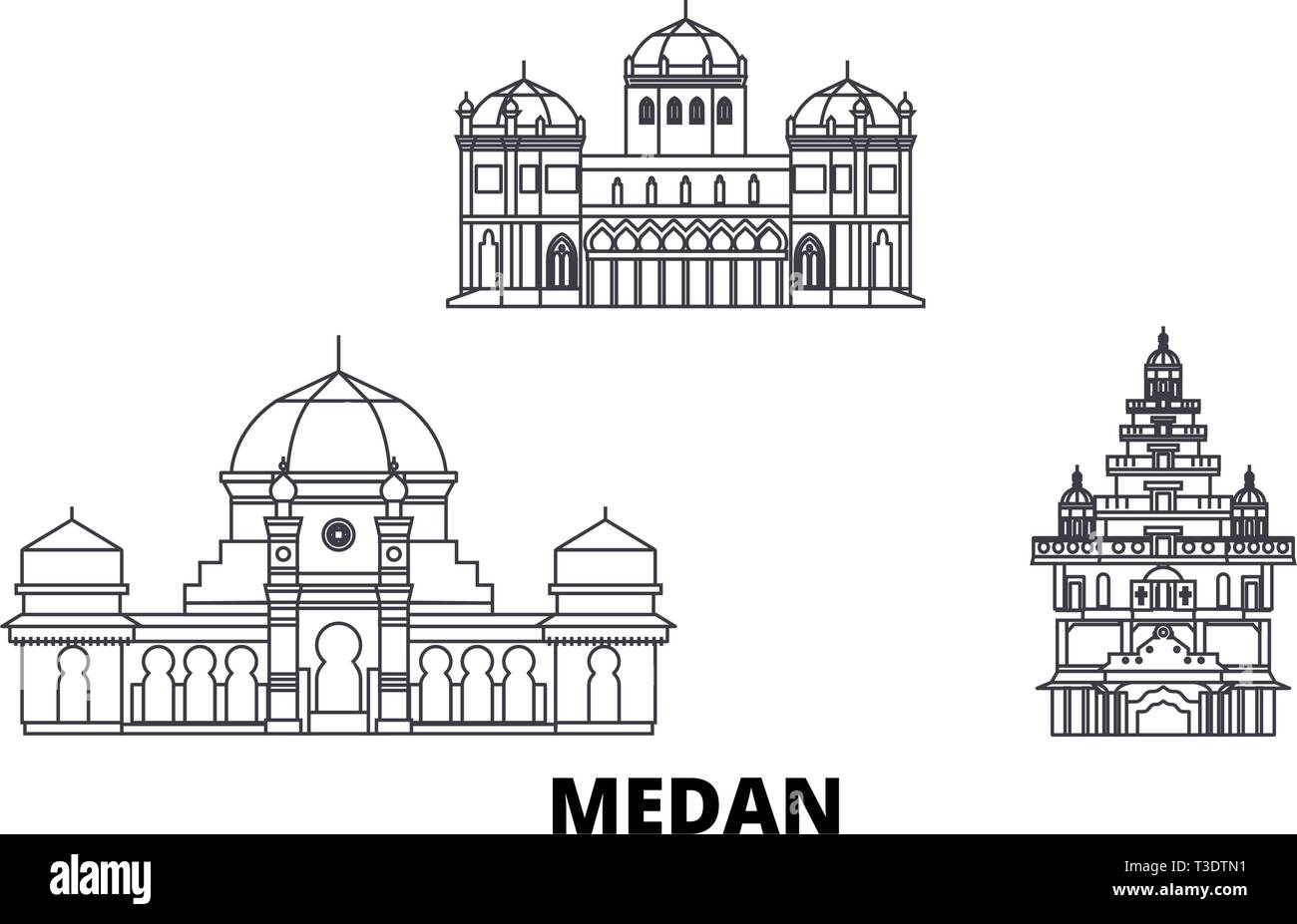 Indonesien, Medan line Reisen Skyline. Indonesien, Medan Umrisse Stadt Vektor-illustration, Symbol, Reisen, Sehenswürdigkeiten, Wahrzeichen. Stock Vektor