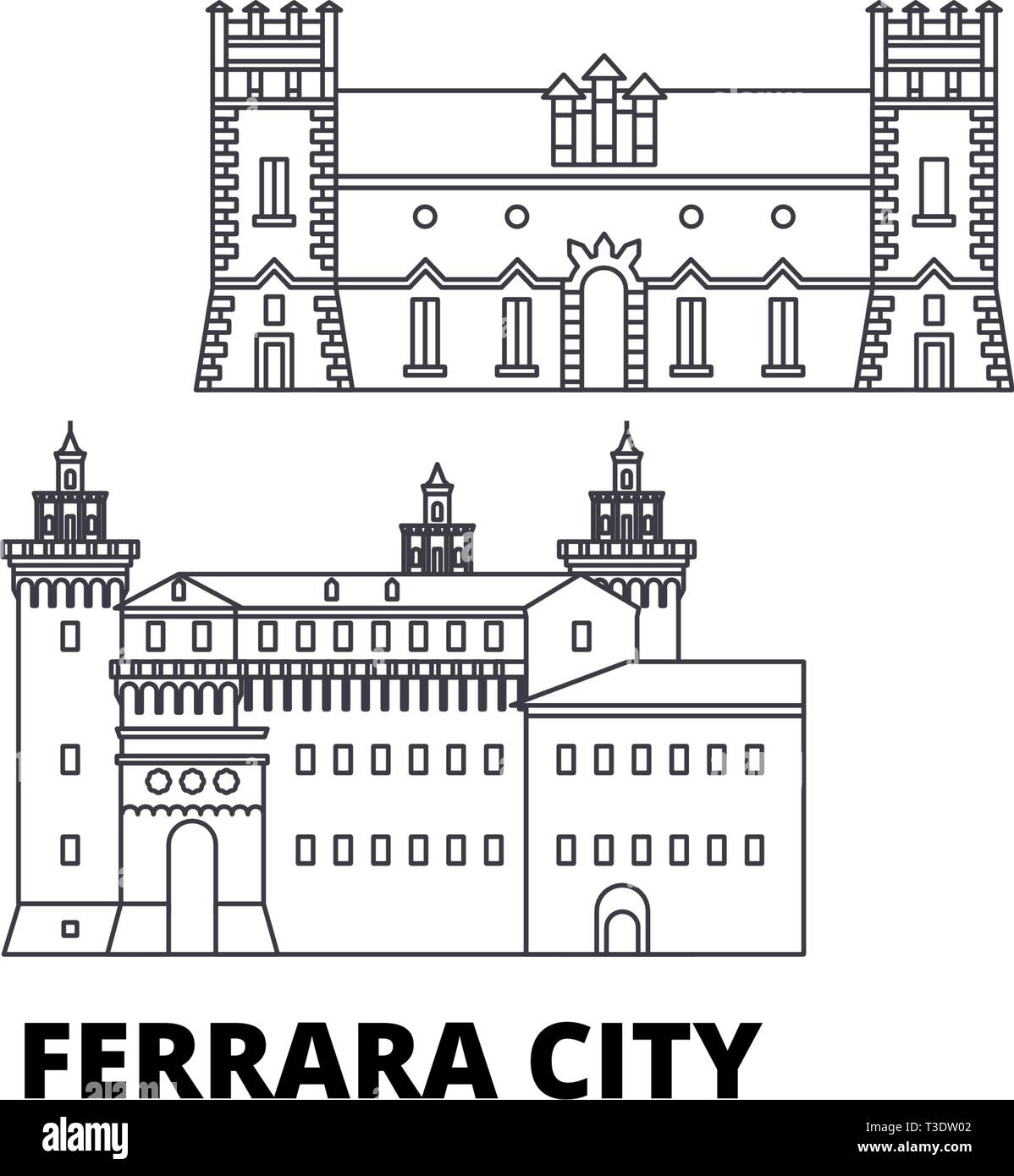 Italien, Ferrara City Line reisen Skyline. Italien, Ferrara City Übersicht Stadt Vektor-illustration, Symbol, Reisen, Sehenswürdigkeiten, Wahrzeichen. Stock Vektor