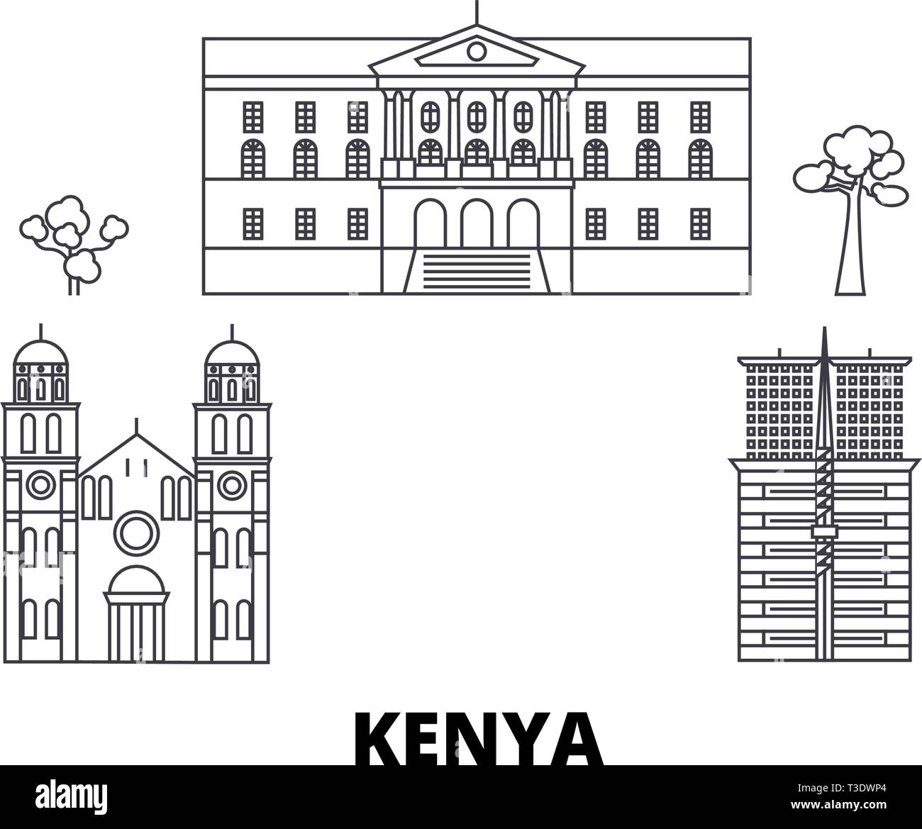 Kenia line Reisen Skyline. Kenia übersicht Stadt Vektor-illustration, Symbol, Reisen, Sehenswürdigkeiten, Wahrzeichen. Stock Vektor