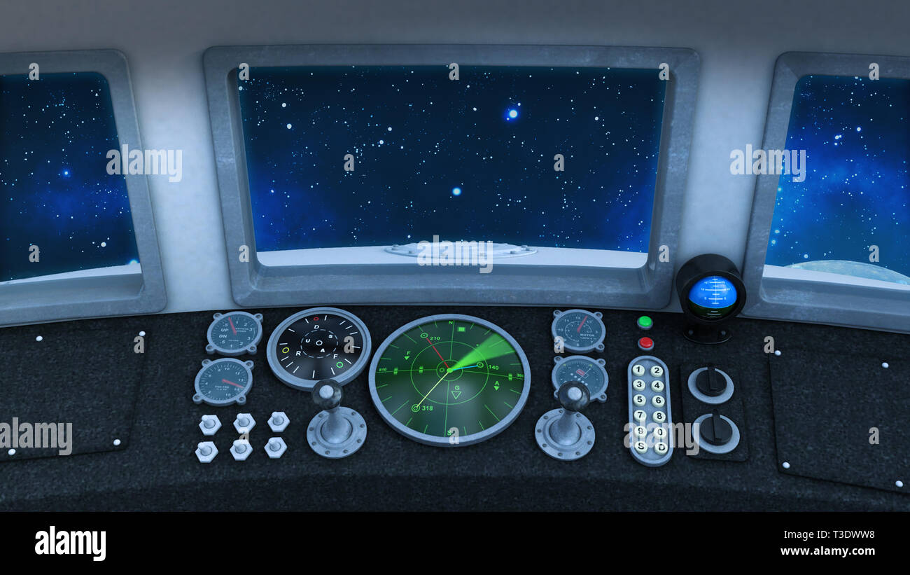 Cockpit der retro UFO Raumschiff in die Tiefen des Weltraums, vintage Raumschiff fliegen in das Universum mit Planeten und Sternen, Innenansicht, 3D-Rendering Stockfoto