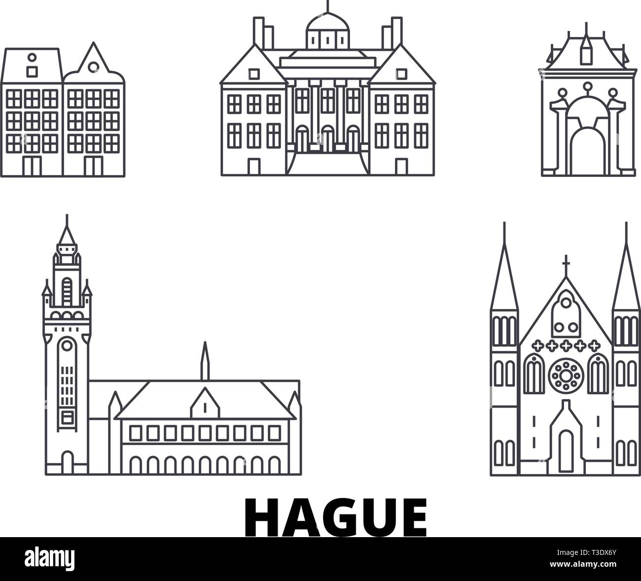 Niederlande, Den Haag line Reisen Skyline. Niederlande, Den Haag Überblick Stadt Vektor-illustration, Symbol, Reisen, Sehenswürdigkeiten, Wahrzeichen. Stock Vektor