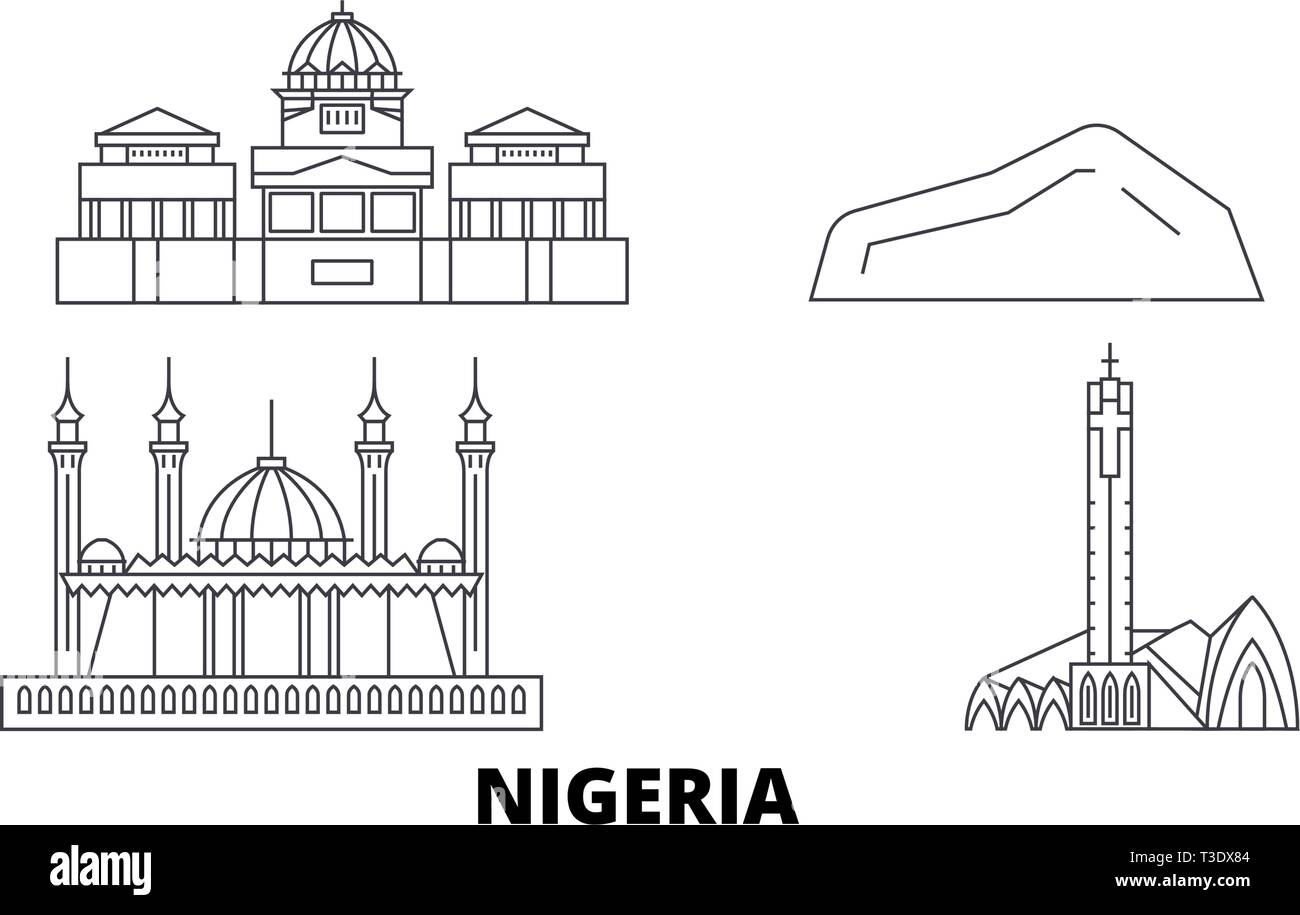 Nigeria line Reisen Skyline. Nigeria Umrisse Stadt Vektor-illustration, Symbol, Reisen, Sehenswürdigkeiten, Wahrzeichen. Stock Vektor