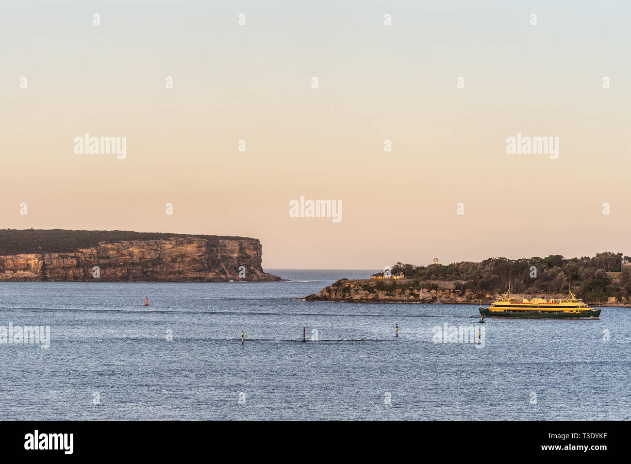 Sydney, Australien - 12. Februar 2019: North und South Head Klippen am Tor zwischen der Tasman Sea und Sydney Bucht bei Sonnenuntergang. Wolkenlosen blassen Himmel. Grau w Stockfoto