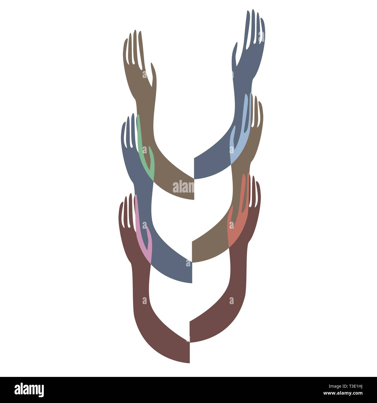 Farbenfrohe menschliche Hände. Konzeptdarstellung für Organisationshilfe, Umweltprojekt oder soziale Arbeit. Vektor EPS 10 Stock Vektor