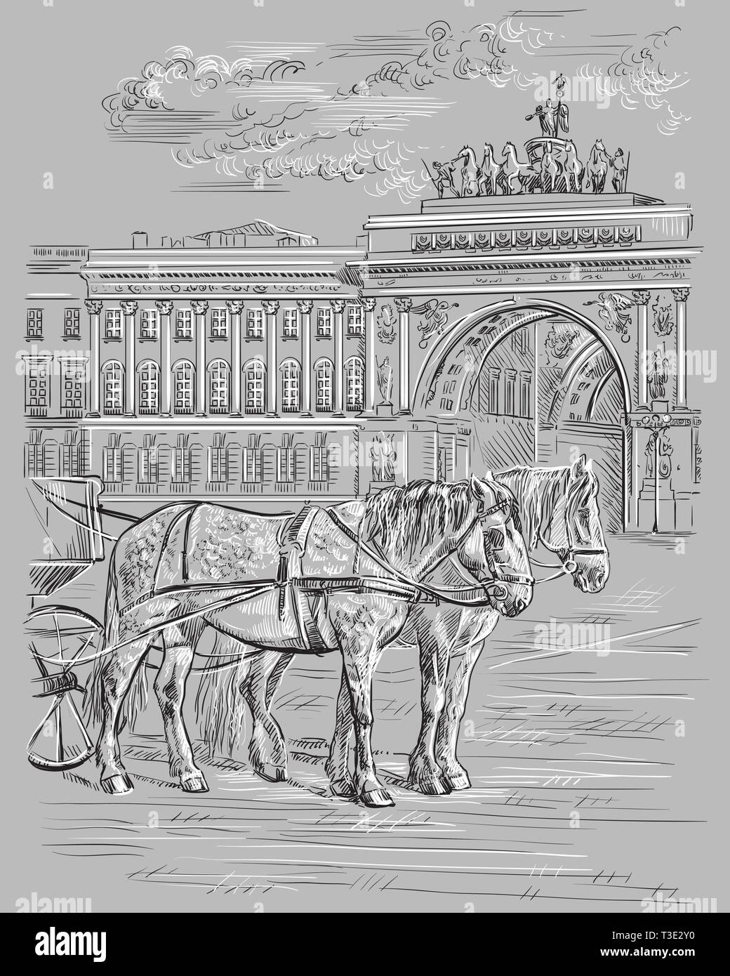 Blick auf zwei Pferde und Kutschen, der Triumphbogen auf dem Schlossplatz in Sankt Petersburg, Russland. Wahrzeichen von St. Petersburg. Isolierte Vektor hand Stock Vektor