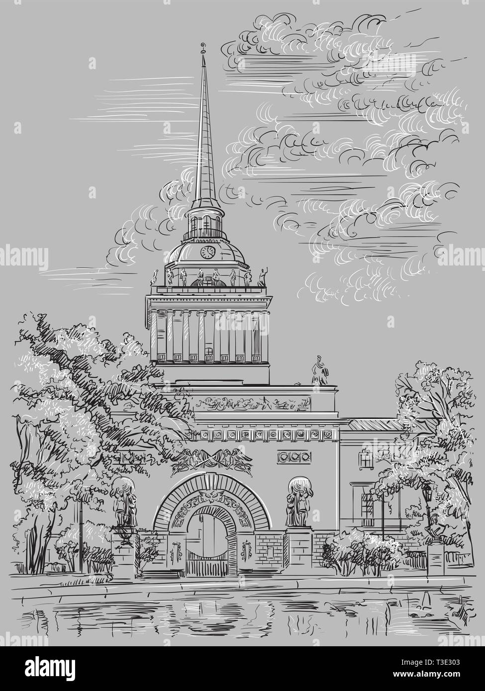 Stadtbild von Admiralty Building, Sankt Petersburg, Russland. Vorderansicht des Old Admiralty Building aus dem Garten. Isolierte vektor Handzeichnung illustratio Stock Vektor