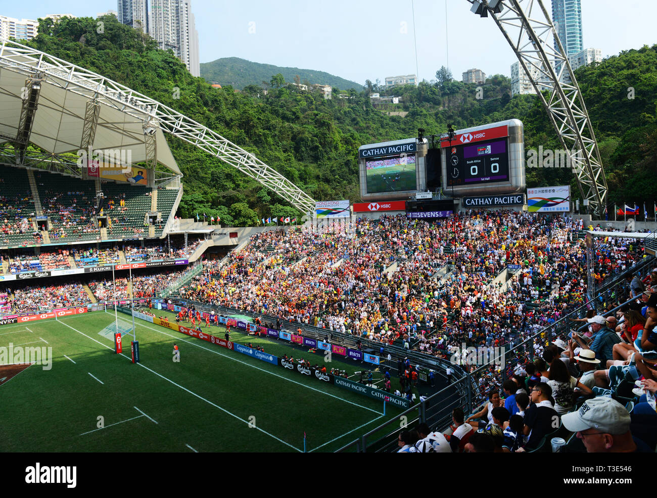 Die berühmten South stand auf der Hong Kong Sevens Rugby Stadion während des Turniers. Stockfoto