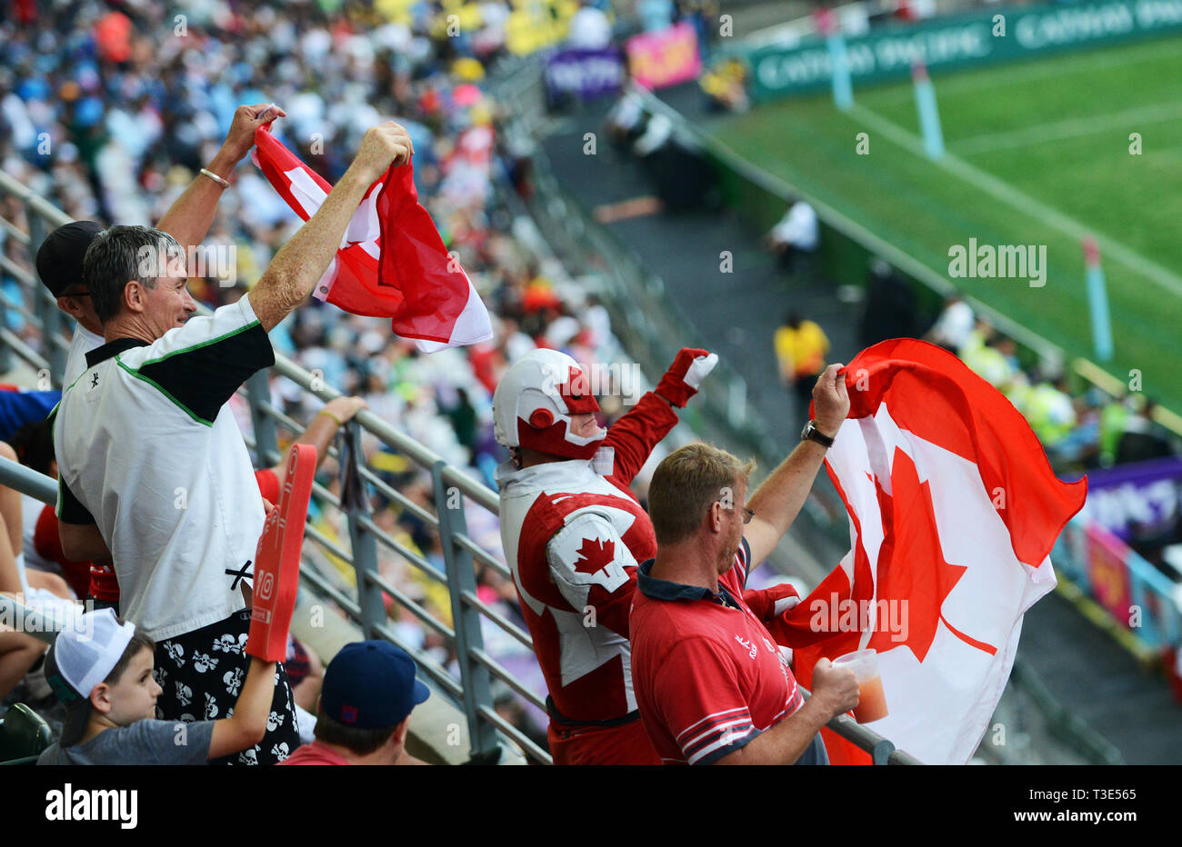Kanadische Rugby Fans ihre Mannschaft während eines Spieles an der Hong Kong Sevens. Stockfoto