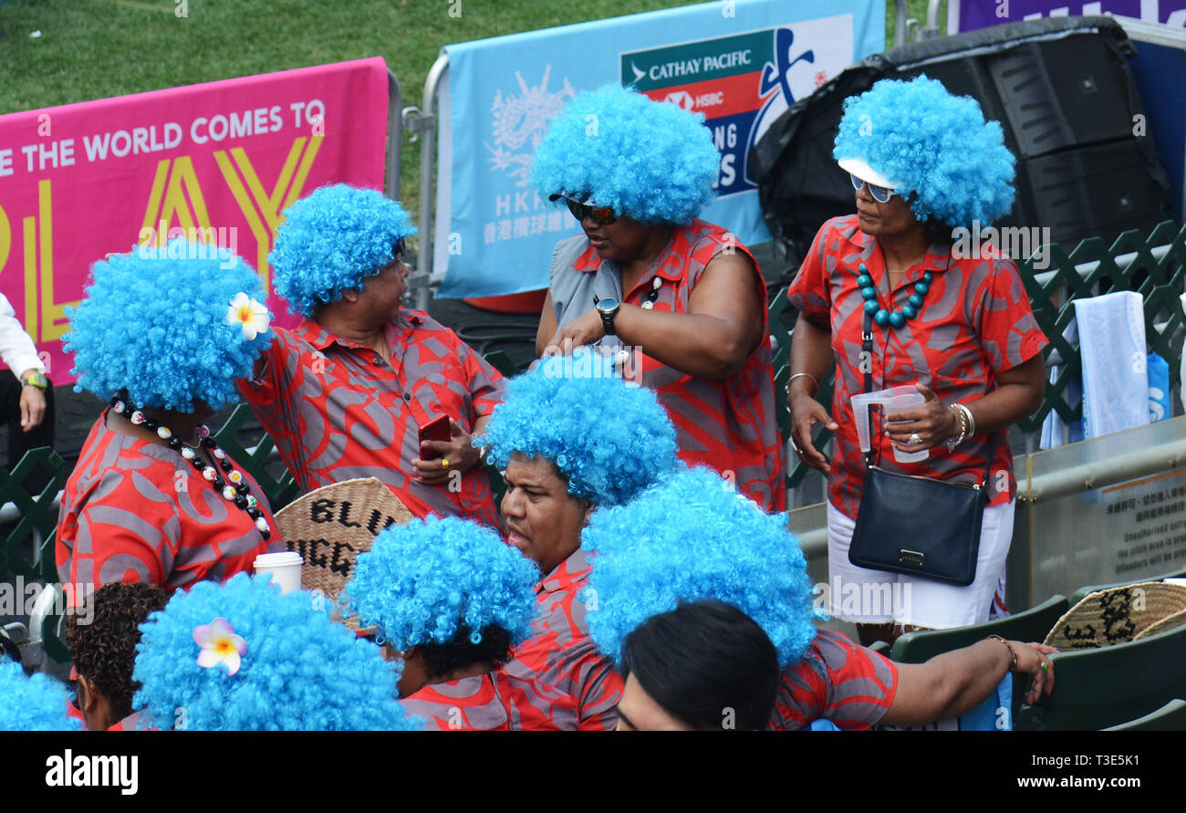 Fidschi Fans bei der Hong Kong Sevens Turnier in Hongkong. Stockfoto
