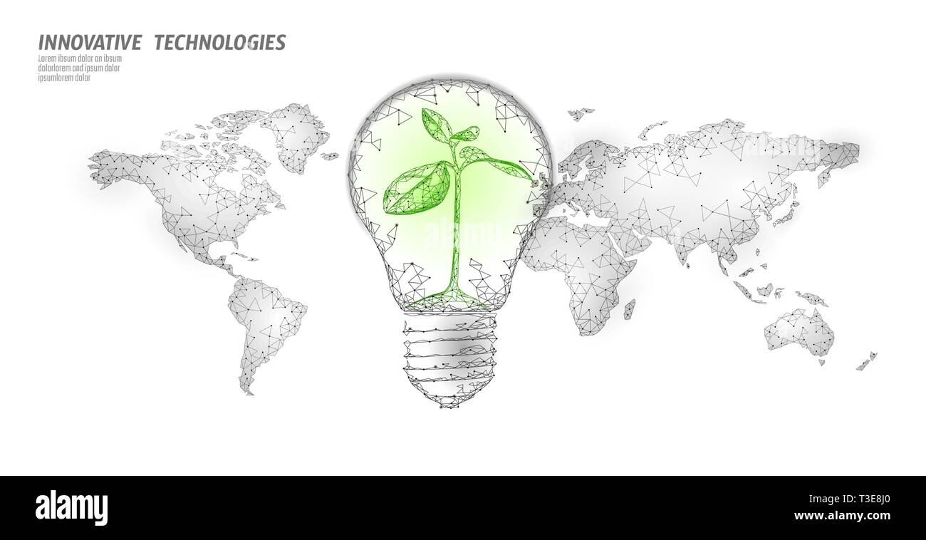 Lampe mit kleinen Pflanze auf der Weltkarte. Lampe Energie sparen Ökologie Umwelt sprießen Idee Konzept. Polygonale Licht Strom grüne Energie Stock Vektor