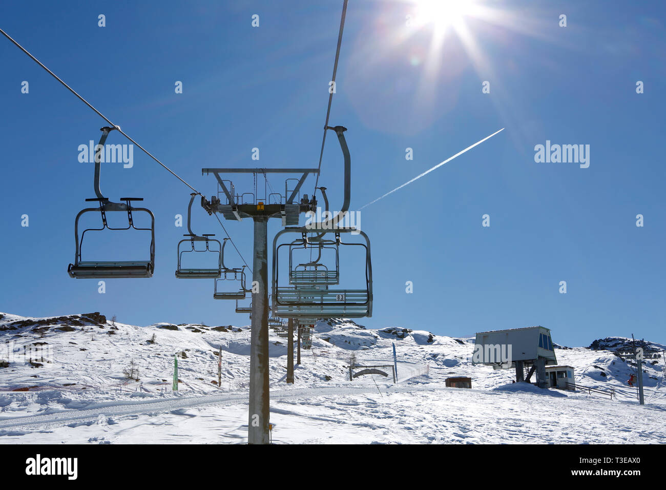 Blick von der Sesselbahn, Ski Resort, San Martino di Castrozza, Trentino, Italien, Europa Stockfoto