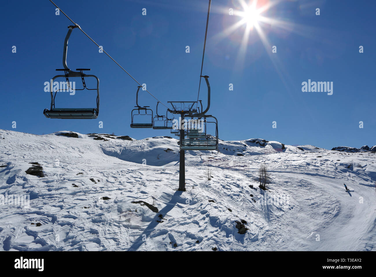 Blick von der Sesselbahn, Ski Resort, San Martino di Castrozza, Trentino, Italien, Europa Stockfoto